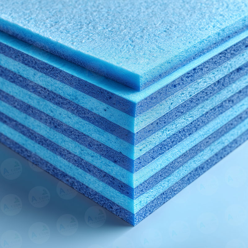 แผ่น XPS Foam ของ เอ.ที.คอน อินซูเลชั่น จำกัด ถูกตัดเป็นรูปทรงต่างๆ เพื่อใช้งานเฉพาะทาง แสดงถึงความยืดหยุ่นในการใช้งาน